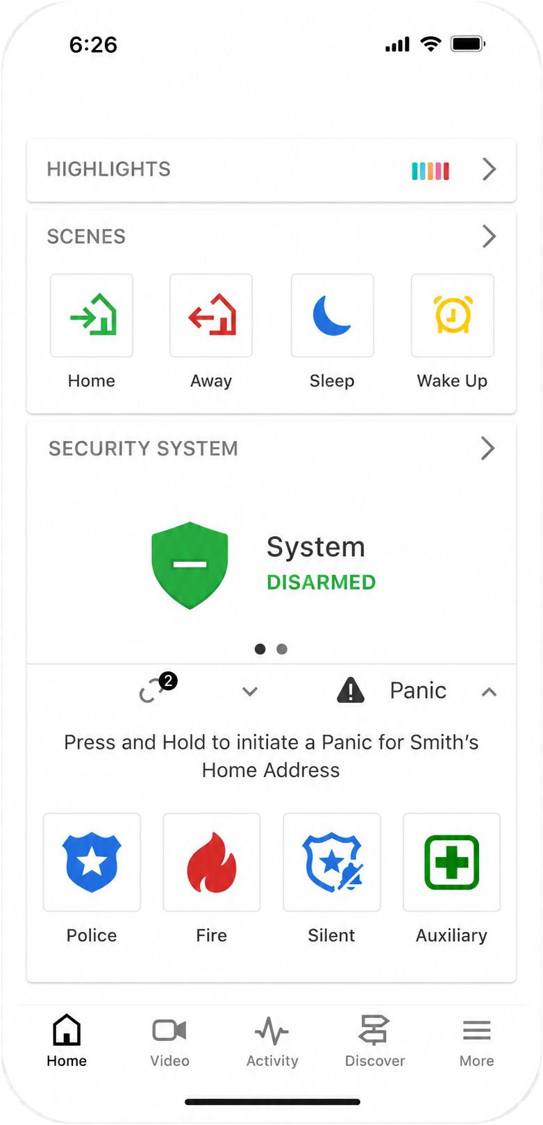Alarm.com mobile app dashboard with scenes, security status, and emergency controls